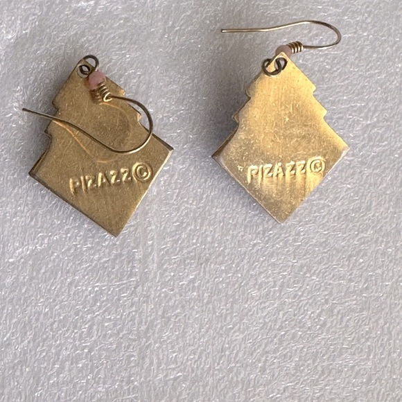 Cloisonne Circa 1980 Blues and Red Geometric Pierced earrings signed Pizazz - Picture 2 of 2